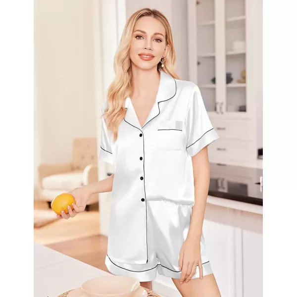 imageEkouaer Silk Satin Pajama Set for Women Soft Short Sleeve Button Down Pj Sets 3 Piece Sleepwear Loungewear SXXLWhite