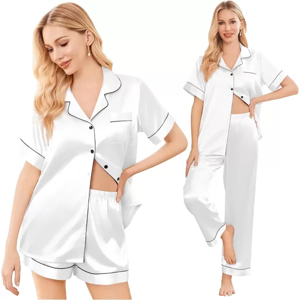 imageEkouaer Silk Satin Pajama Set for Women Soft Short Sleeve Button Down Pj Sets 3 Piece Sleepwear Loungewear SXXLWhite