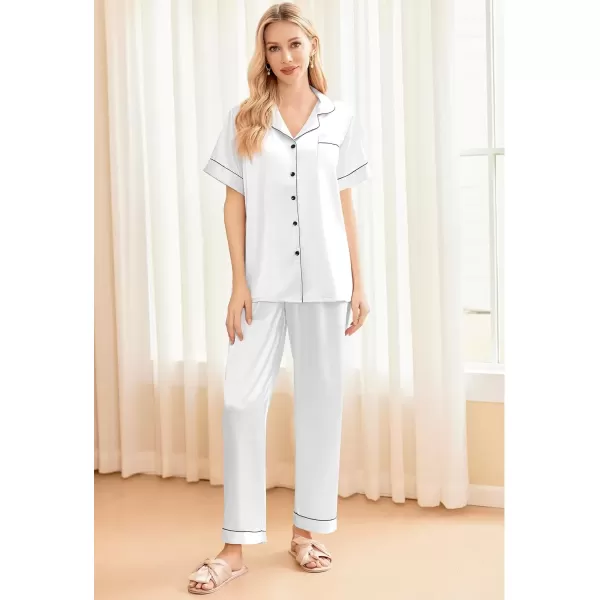 imageEkouaer Silk Satin Pajama Set for Women Soft Short Sleeve Button Down Pj Sets 3 Piece Sleepwear Loungewear SXXLWhite