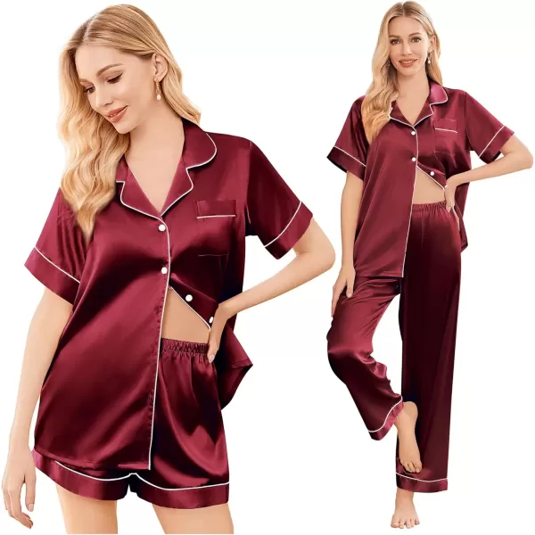 imageEkouaer Silk Satin Pajama Set for Women Soft Short Sleeve Button Down Pj Sets 3 Piece Sleepwear Loungewear SXXLWine Red