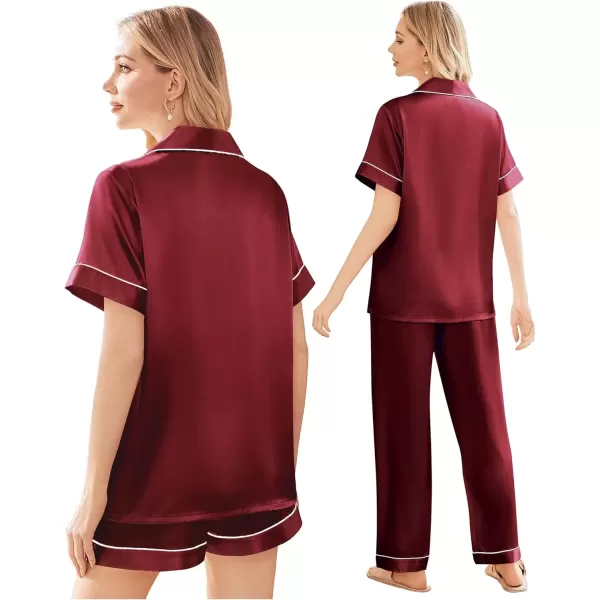 imageEkouaer Silk Satin Pajama Set for Women Soft Short Sleeve Button Down Pj Sets 3 Piece Sleepwear Loungewear SXXLWine Red