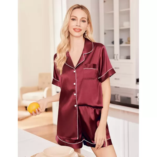 imageEkouaer Silk Satin Pajama Set for Women Soft Short Sleeve Button Down Pj Sets 3 Piece Sleepwear Loungewear SXXLWine Red