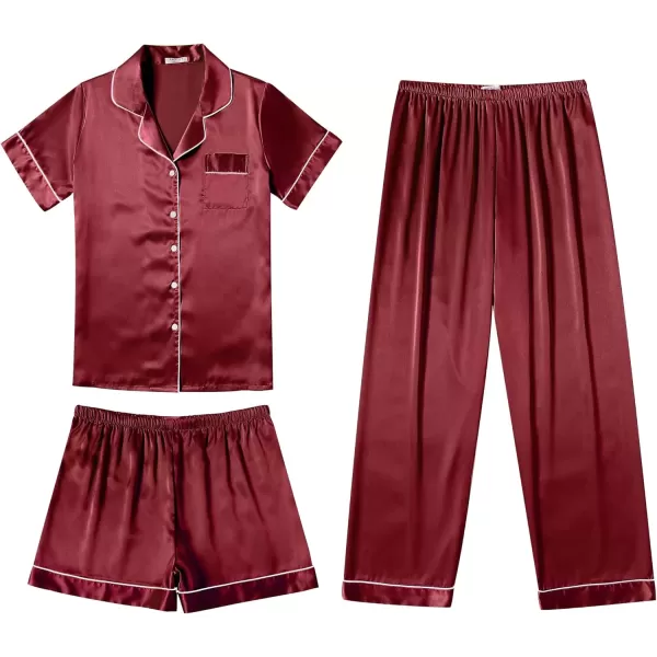 imageEkouaer Silk Satin Pajama Set for Women Soft Short Sleeve Button Down Pj Sets 3 Piece Sleepwear Loungewear SXXLWine Red