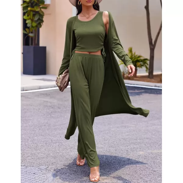 imageEkouaer Womens 3 Piece Knit Lounge Set Pajama Long Sleeve Cardigan Sleeveless Top Pants Sweatsuit SXXLArmy Green