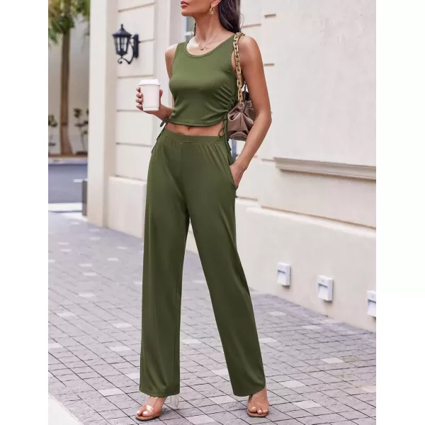 imageEkouaer Womens 3 Piece Knit Lounge Set Pajama Long Sleeve Cardigan Sleeveless Top Pants Sweatsuit SXXLArmy Green