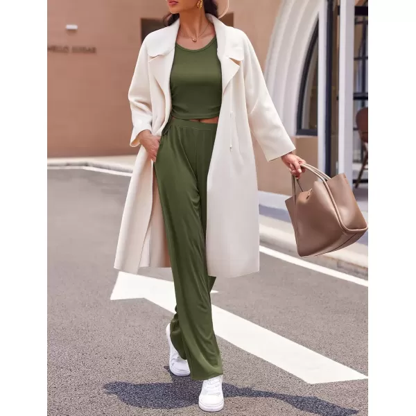 imageEkouaer Womens 3 Piece Knit Lounge Set Pajama Long Sleeve Cardigan Sleeveless Top Pants Sweatsuit SXXLArmy Green