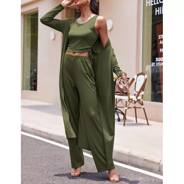 imageEkouaer Womens 3 Piece Knit Lounge Set Pajama Long Sleeve Cardigan Sleeveless Top Pants Sweatsuit SXXLArmy Green