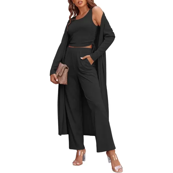 imageEkouaer Womens 3 Piece Knit Lounge Set Pajama Long Sleeve Cardigan Sleeveless Top Pants Sweatsuit SXXLBlack