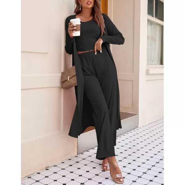 imageEkouaer Womens 3 Piece Knit Lounge Set Pajama Long Sleeve Cardigan Sleeveless Top Pants Sweatsuit SXXLBlack