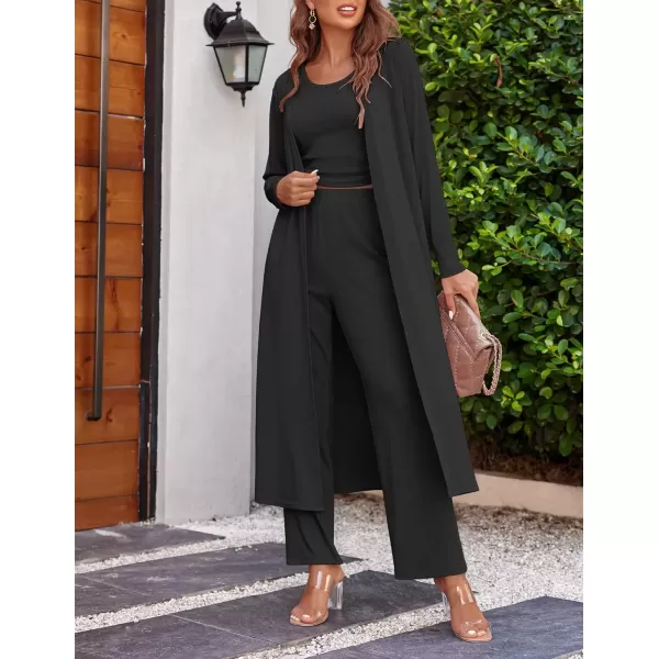 imageEkouaer Womens 3 Piece Knit Lounge Set Pajama Long Sleeve Cardigan Sleeveless Top Pants Sweatsuit SXXLBlack