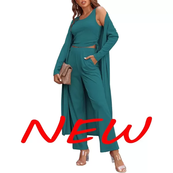 imageEkouaer Womens 3 Piece Knit Lounge Set Pajama Long Sleeve Cardigan Sleeveless Top Pants Sweatsuit SXXLBlue Green