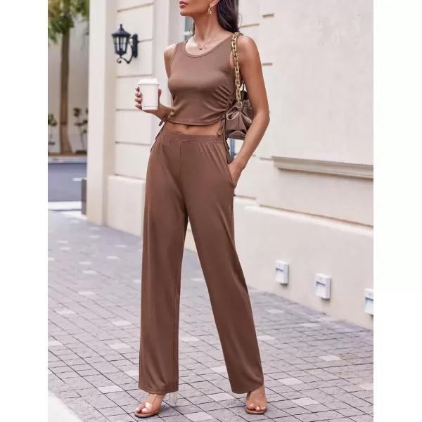 imageEkouaer Womens 3 Piece Knit Lounge Set Pajama Long Sleeve Cardigan Sleeveless Top Pants Sweatsuit SXXLBrown