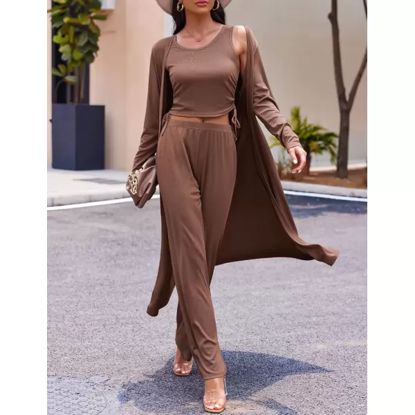 imageEkouaer Womens 3 Piece Knit Lounge Set Pajama Long Sleeve Cardigan Sleeveless Top Pants Sweatsuit SXXLBrown