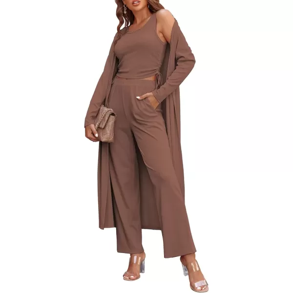 imageEkouaer Womens 3 Piece Knit Lounge Set Pajama Long Sleeve Cardigan Sleeveless Top Pants Sweatsuit SXXLBrown