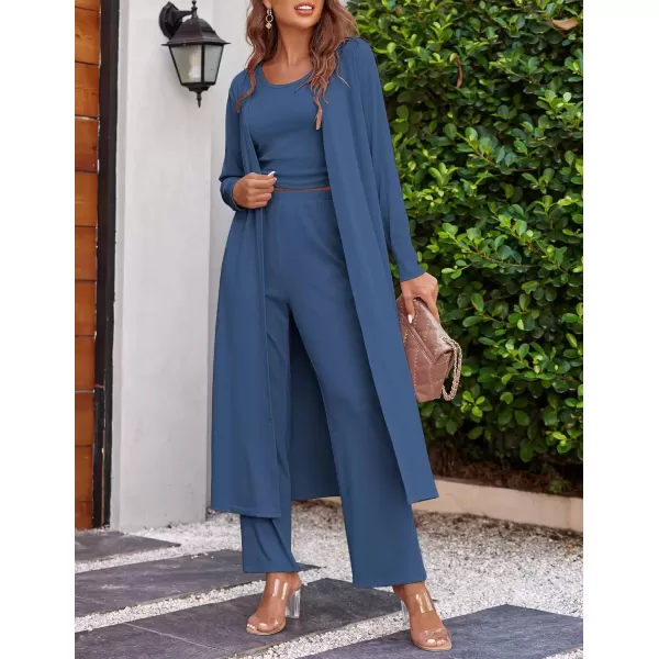 imageEkouaer Womens 3 Piece Knit Lounge Set Pajama Long Sleeve Cardigan Sleeveless Top Pants Sweatsuit SXXLCadet Blue