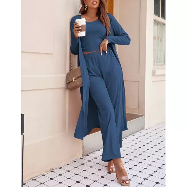 imageEkouaer Womens 3 Piece Knit Lounge Set Pajama Long Sleeve Cardigan Sleeveless Top Pants Sweatsuit SXXLCadet Blue