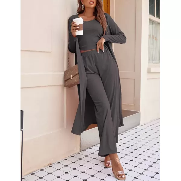 imageEkouaer Womens 3 Piece Knit Lounge Set Pajama Long Sleeve Cardigan Sleeveless Top Pants Sweatsuit SXXLCharcoal Grey