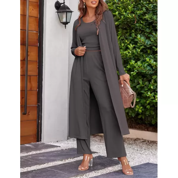 imageEkouaer Womens 3 Piece Knit Lounge Set Pajama Long Sleeve Cardigan Sleeveless Top Pants Sweatsuit SXXLCharcoal Grey