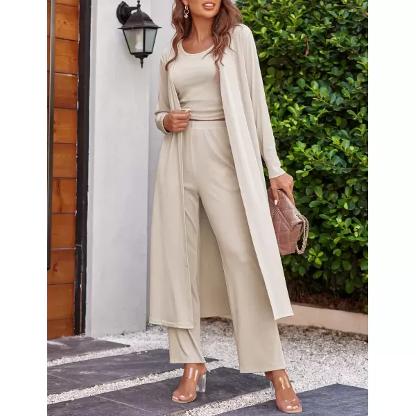 imageEkouaer Womens 3 Piece Knit Lounge Set Pajama Long Sleeve Cardigan Sleeveless Top Pants Sweatsuit SXXLCream