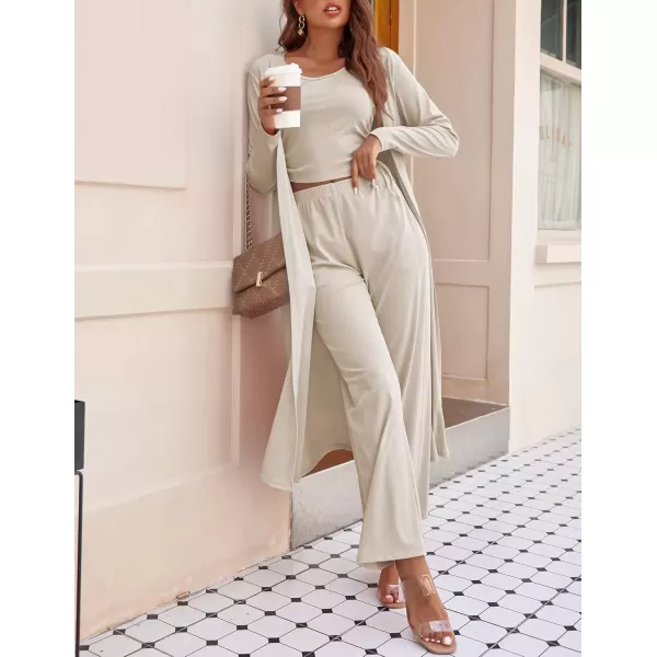 imageEkouaer Womens 3 Piece Knit Lounge Set Pajama Long Sleeve Cardigan Sleeveless Top Pants Sweatsuit SXXLCream