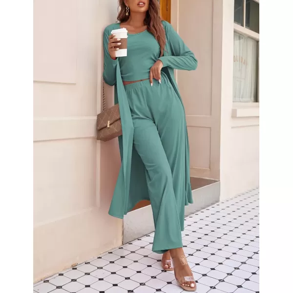 imageEkouaer Womens 3 Piece Knit Lounge Set Pajama Long Sleeve Cardigan Sleeveless Top Pants Sweatsuit SXXLGreen