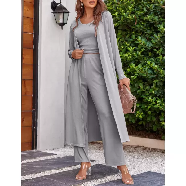 imageEkouaer Womens 3 Piece Knit Lounge Set Pajama Long Sleeve Cardigan Sleeveless Top Pants Sweatsuit SXXLGrey