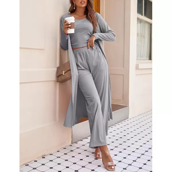 imageEkouaer Womens 3 Piece Knit Lounge Set Pajama Long Sleeve Cardigan Sleeveless Top Pants Sweatsuit SXXLGrey