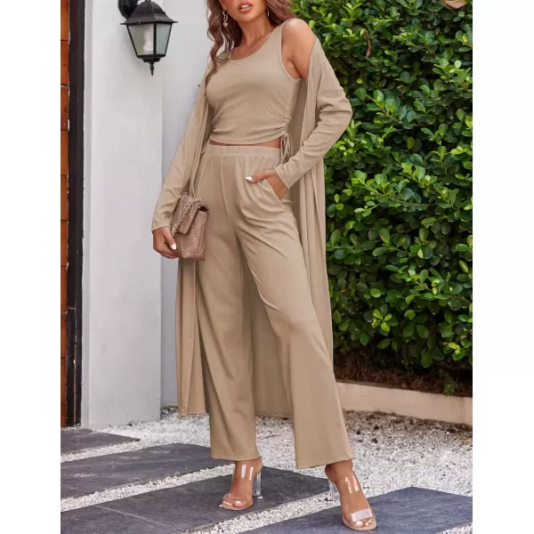 imageEkouaer Womens 3 Piece Knit Lounge Set Pajama Long Sleeve Cardigan Sleeveless Top Pants Sweatsuit SXXLKhaki