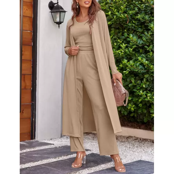 imageEkouaer Womens 3 Piece Knit Lounge Set Pajama Long Sleeve Cardigan Sleeveless Top Pants Sweatsuit SXXLKhaki