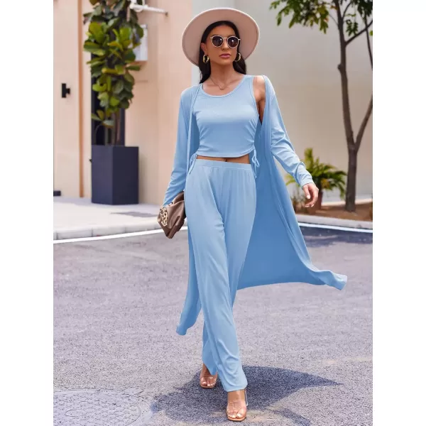 imageEkouaer Womens 3 Piece Knit Lounge Set Pajama Long Sleeve Cardigan Sleeveless Top Pants Sweatsuit SXXLLight Blue