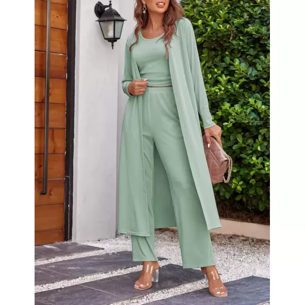 imageEkouaer Womens 3 Piece Knit Lounge Set Pajama Long Sleeve Cardigan Sleeveless Top Pants Sweatsuit SXXLLight Green