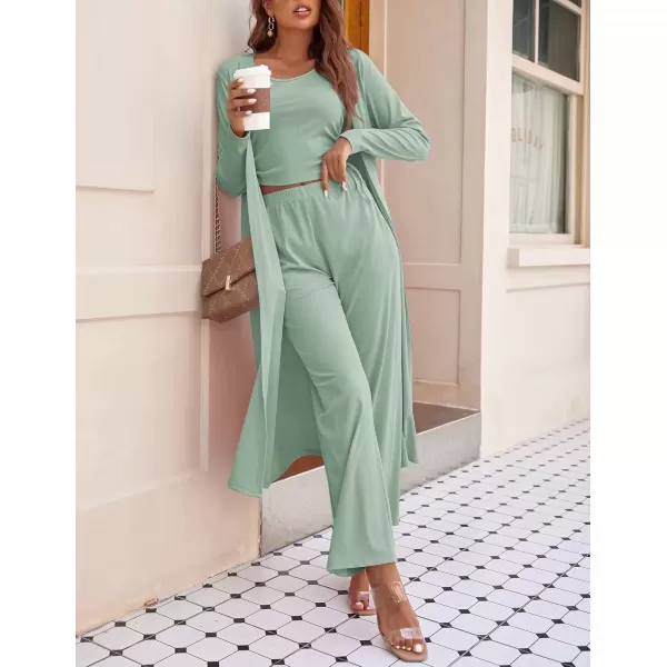 imageEkouaer Womens 3 Piece Knit Lounge Set Pajama Long Sleeve Cardigan Sleeveless Top Pants Sweatsuit SXXLLight Green