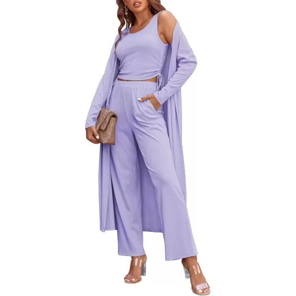 imageEkouaer Womens 3 Piece Knit Lounge Set Pajama Long Sleeve Cardigan Sleeveless Top Pants Sweatsuit SXXLLilac