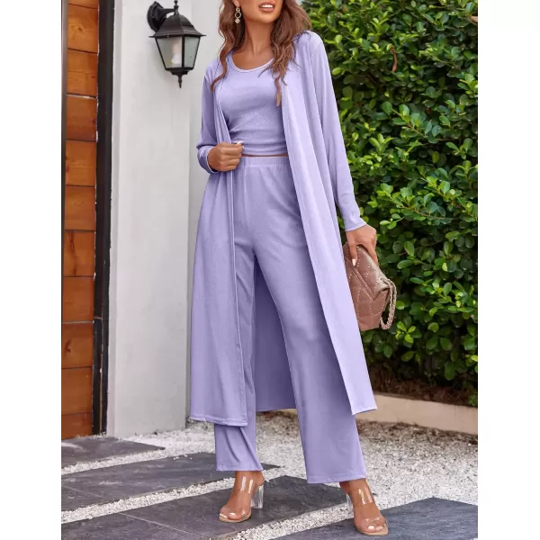 imageEkouaer Womens 3 Piece Knit Lounge Set Pajama Long Sleeve Cardigan Sleeveless Top Pants Sweatsuit SXXLPale Lavender