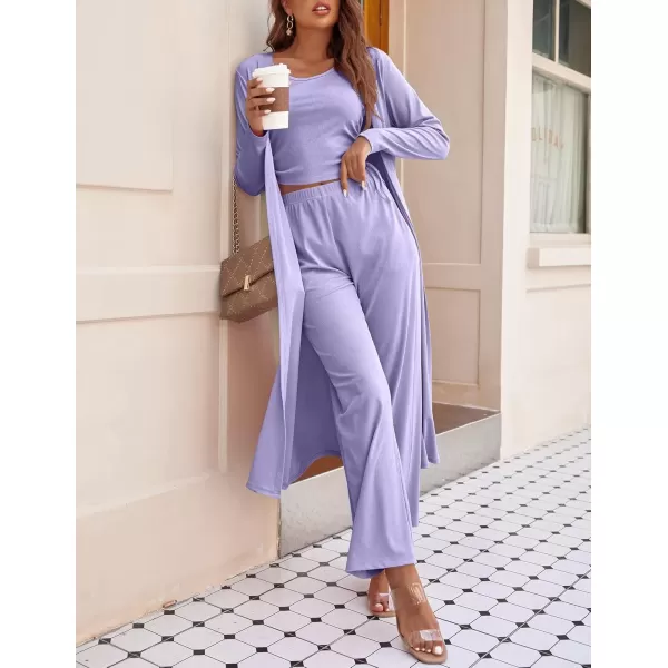 imageEkouaer Womens 3 Piece Knit Lounge Set Pajama Long Sleeve Cardigan Sleeveless Top Pants Sweatsuit SXXLPale Lavender