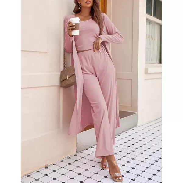 imageEkouaer Womens 3 Piece Knit Lounge Set Pajama Long Sleeve Cardigan Sleeveless Top Pants Sweatsuit SXXLPink