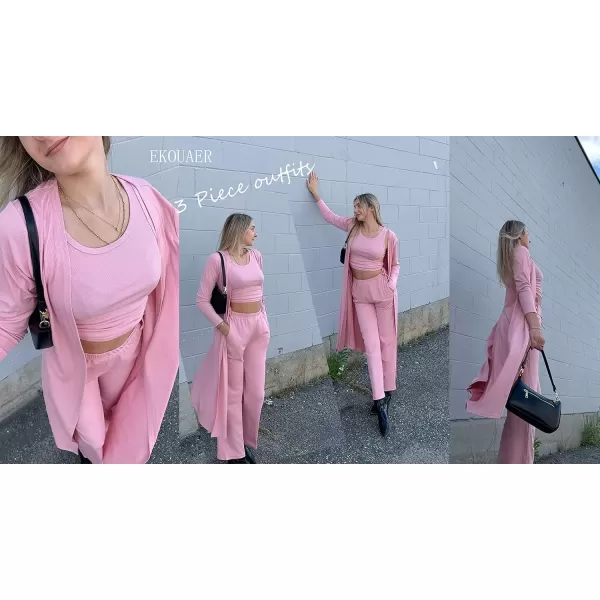 imageEkouaer Womens 3 Piece Knit Lounge Set Pajama Long Sleeve Cardigan Sleeveless Top Pants Sweatsuit SXXLPink