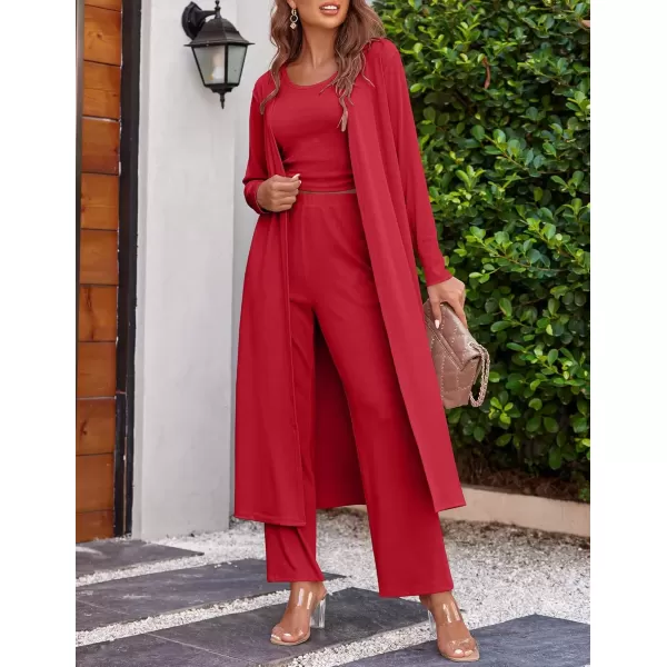 imageEkouaer Womens 3 Piece Knit Lounge Set Pajama Long Sleeve Cardigan Sleeveless Top Pants Sweatsuit SXXLRed