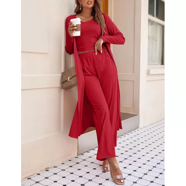 imageEkouaer Womens 3 Piece Knit Lounge Set Pajama Long Sleeve Cardigan Sleeveless Top Pants Sweatsuit SXXLRed