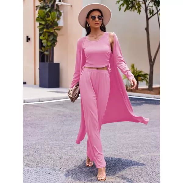 imageEkouaer Womens 3 Piece Knit Lounge Set Pajama Long Sleeve Cardigan Sleeveless Top Pants Sweatsuit SXXLRose Pink