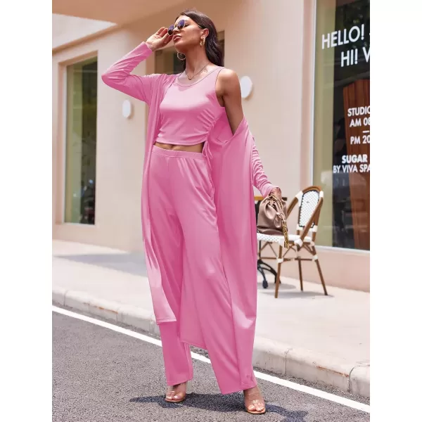 imageEkouaer Womens 3 Piece Knit Lounge Set Pajama Long Sleeve Cardigan Sleeveless Top Pants Sweatsuit SXXLRose Pink