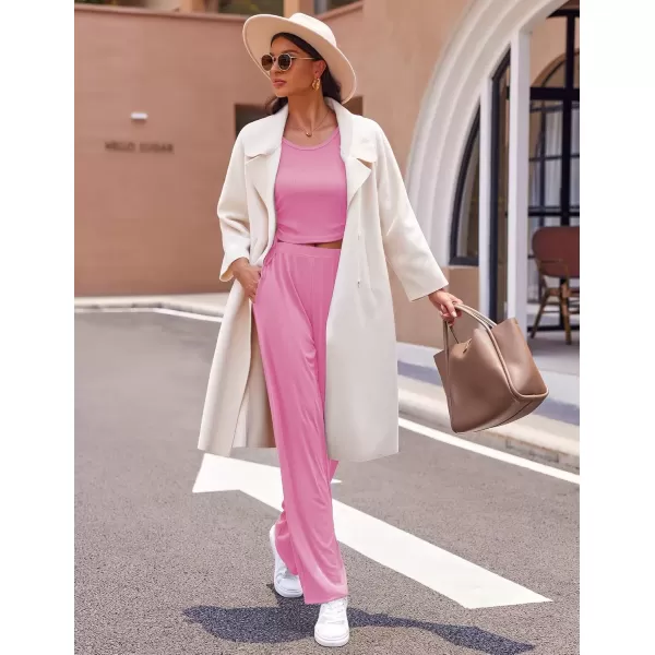 imageEkouaer Womens 3 Piece Knit Lounge Set Pajama Long Sleeve Cardigan Sleeveless Top Pants Sweatsuit SXXLRose Pink