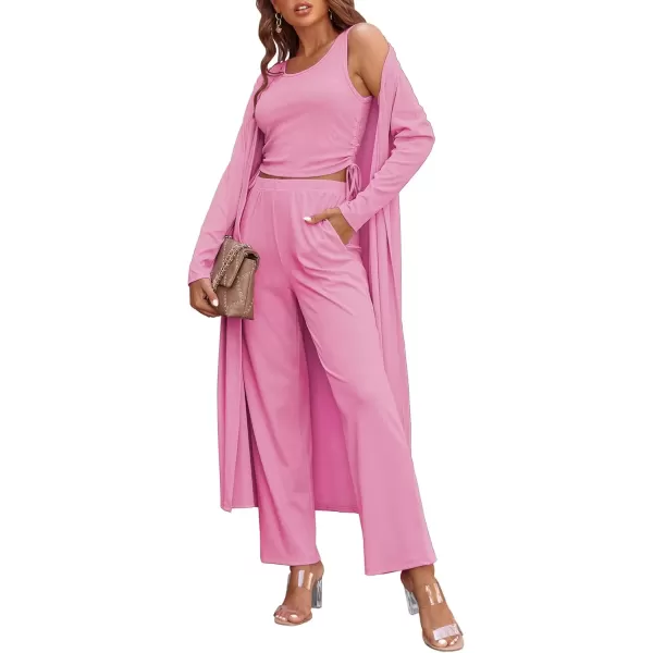 imageEkouaer Womens 3 Piece Knit Lounge Set Pajama Long Sleeve Cardigan Sleeveless Top Pants Sweatsuit SXXLRose Pink