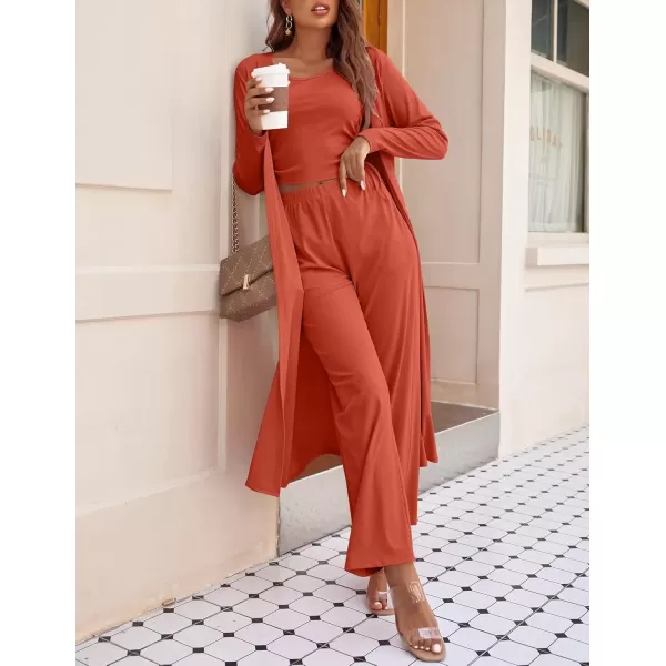 imageEkouaer Womens 3 Piece Knit Lounge Set Pajama Long Sleeve Cardigan Sleeveless Top Pants Sweatsuit SXXLTangerine