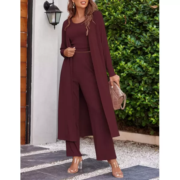 imageEkouaer Womens 3 Piece Knit Lounge Set Pajama Long Sleeve Cardigan Sleeveless Top Pants Sweatsuit SXXLWine