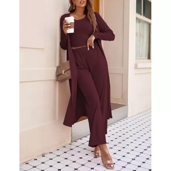 imageEkouaer Womens 3 Piece Knit Lounge Set Pajama Long Sleeve Cardigan Sleeveless Top Pants Sweatsuit SXXLWine