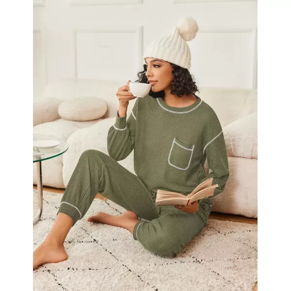 imageEkouaer Womens Pajamas Set Waffle Knit Long Sleeve Lounge Set 2 Piece Pj Loungewear Sleepwear SXXLArmy Green