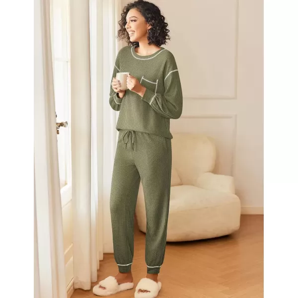 imageEkouaer Womens Pajamas Set Waffle Knit Long Sleeve Lounge Set 2 Piece Pj Loungewear Sleepwear SXXLArmy Green