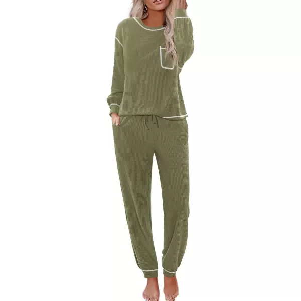 imageEkouaer Womens Pajamas Set Waffle Knit Long Sleeve Lounge Set 2 Piece Pj Loungewear Sleepwear SXXLArmy Green