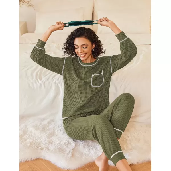 imageEkouaer Womens Pajamas Set Waffle Knit Long Sleeve Lounge Set 2 Piece Pj Loungewear Sleepwear SXXLArmy Green